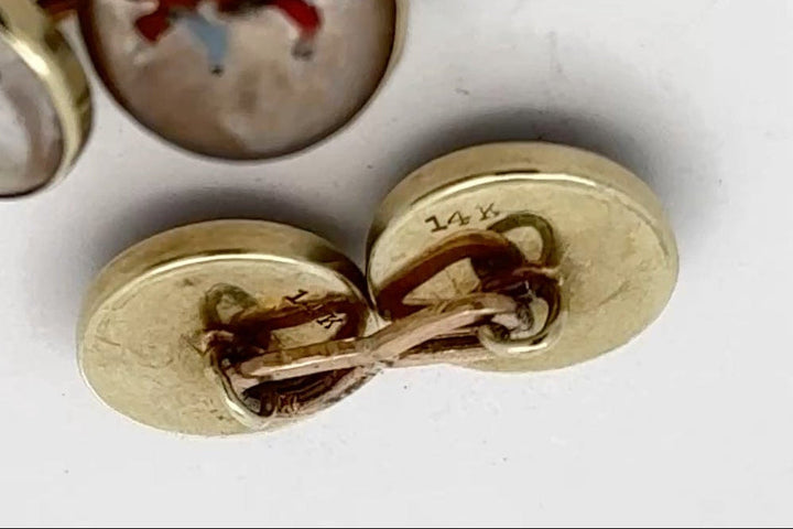 Hand Painted Equestrian 14K Yellow Gold Cuff Links
