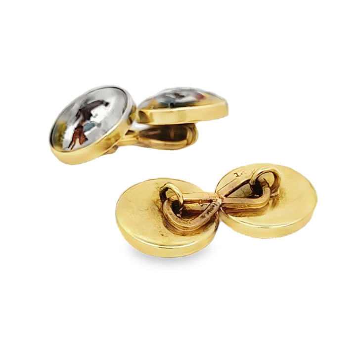 Hand Painted Equestrian 14K Yellow Gold Cuff Links