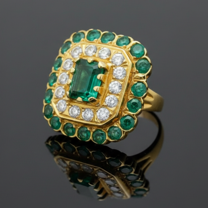 Custom Made Diamond and Emerald Ring Convertible Pendant 18Kt Yellow Gold
