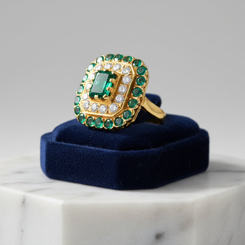 Custom Made Diamond and Emerald Ring Convertible Pendant 18Kt Yellow Gold