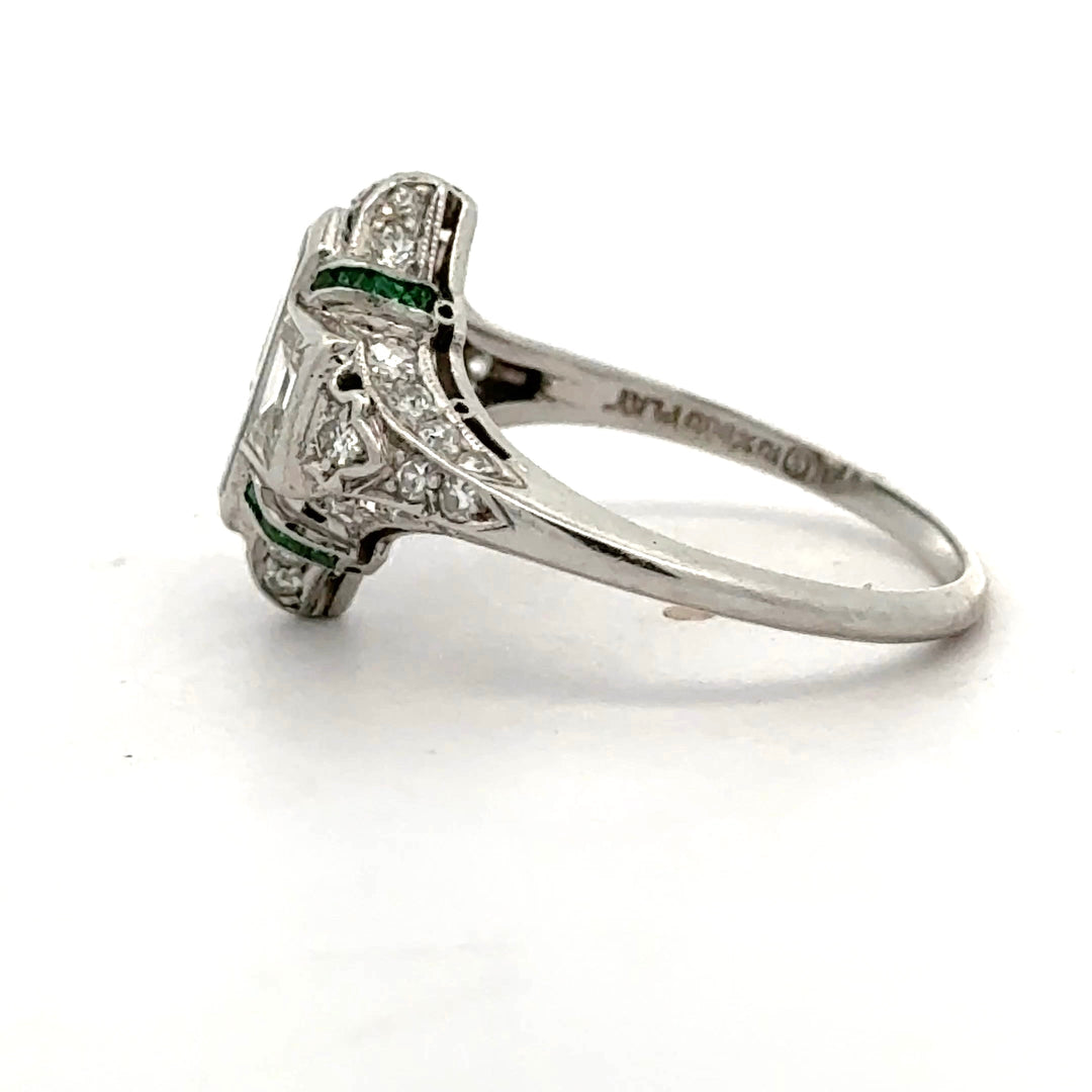 Art Deco Diamond and Emerald Platinum Ring