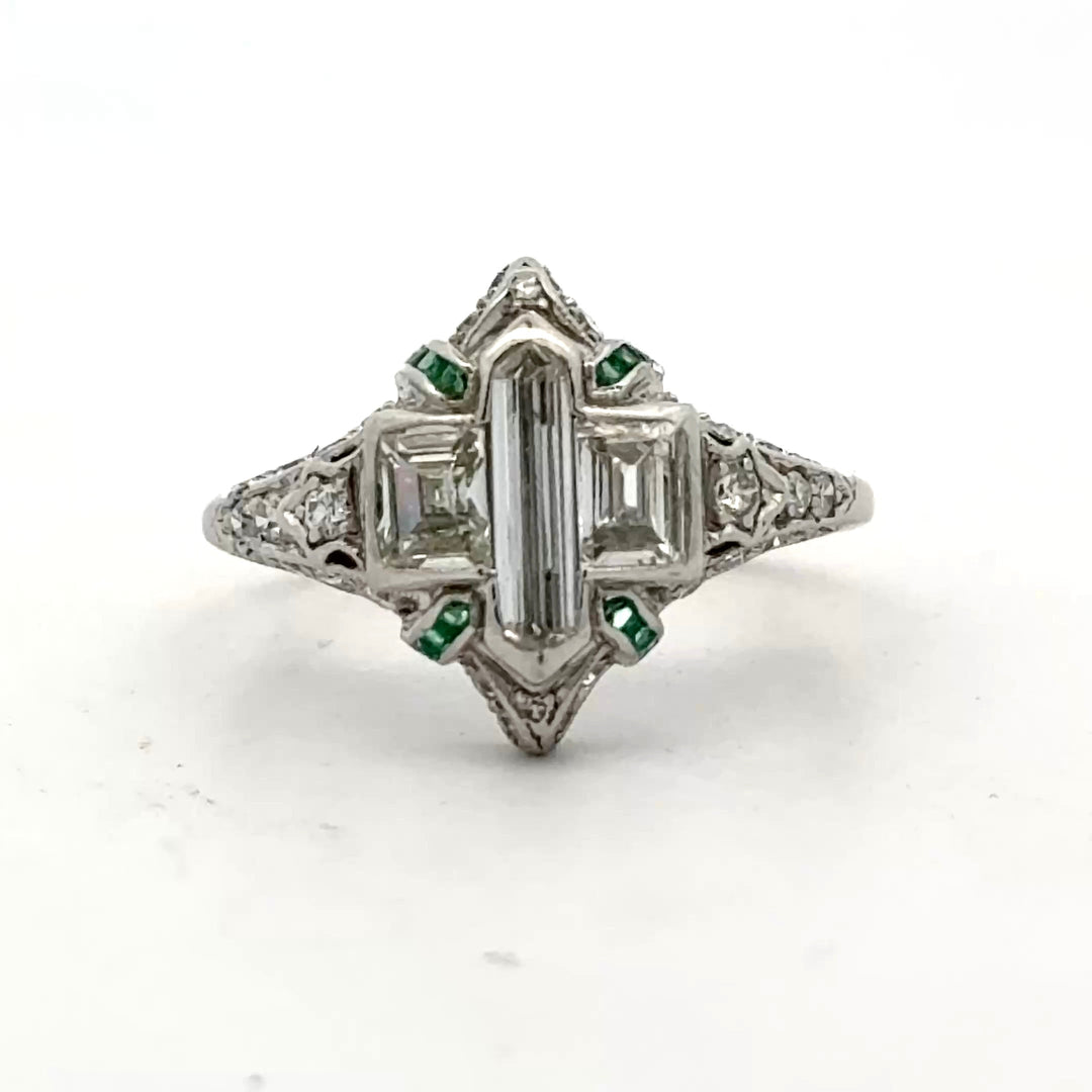 Art Deco Diamond and Emerald Platinum Ring