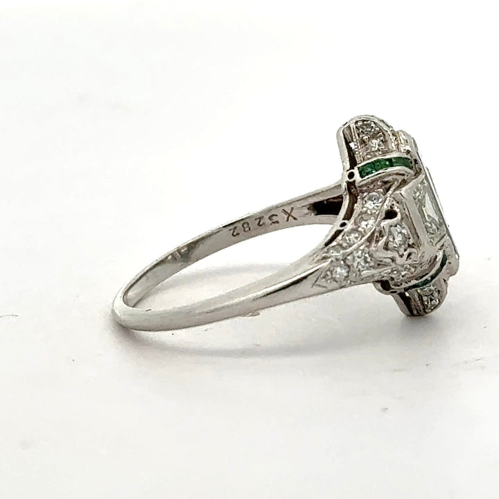 Art Deco Diamond and Emerald Platinum Ring