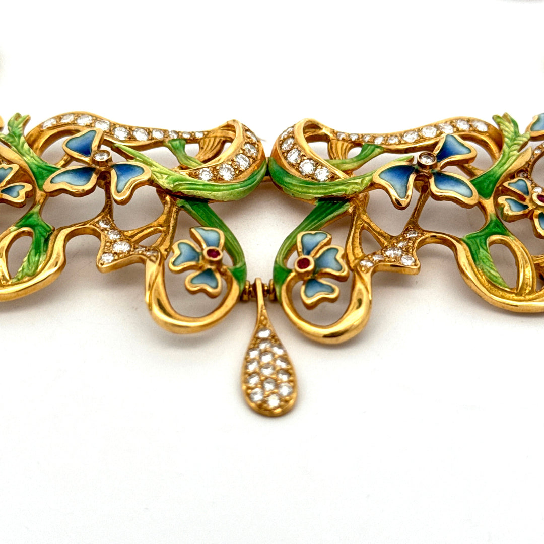 Designer Art Nouveau 1910 Diamond Ruby and Plique-a-Jour 18kt Yellow Gold Necklace -Limited Edition #2 of 12