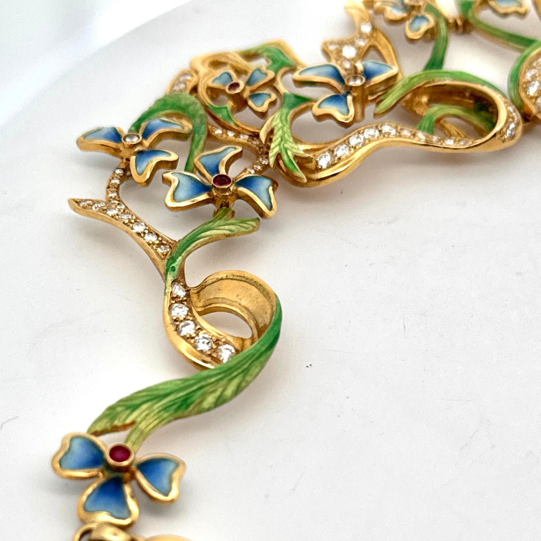 Designer Art Nouveau 1910 Diamond Ruby and Plique-a-Jour 18kt Yellow Gold Necklace -Limited Edition #2 of 12