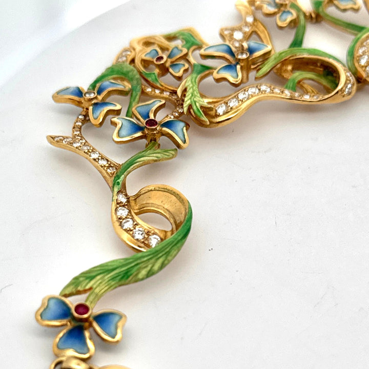 Designer Art Nouveau 1910 Diamond Ruby and Plique-a-Jour 18kt Yellow Gold Necklace -Limited Edition #2 of 12
