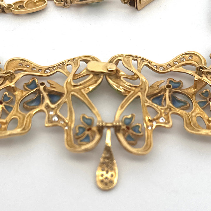 Designer Art Nouveau 1910 Diamond Ruby and Plique-a-Jour 18kt Yellow Gold Necklace -Limited Edition #2 of 12