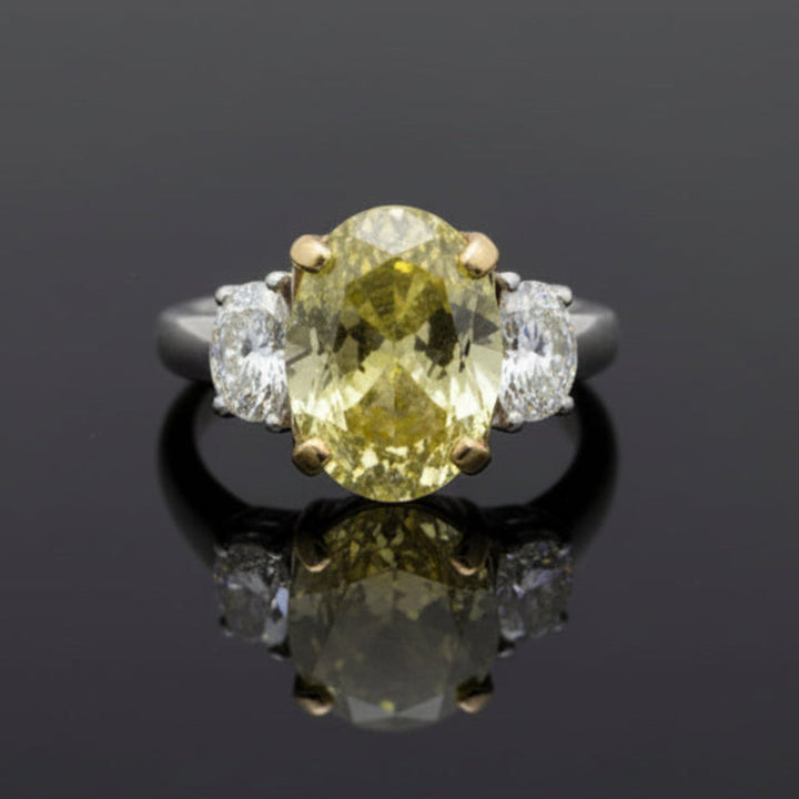 Natural Fancy Green Yellow 4.63ct Oval Center Diamond Platinum & 18K Yellow Gold Ring