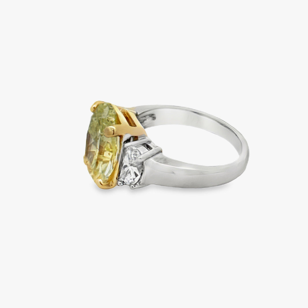 Natural Fancy Green Yellow 4.63ct Oval Center Diamond Platinum & 18K Yellow Gold Ring