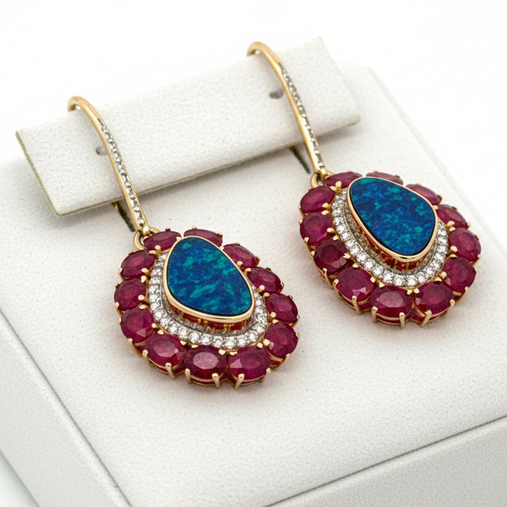 Italian Designer Marchisio Black Opal Doublet, Ruby and Diamond 14K White/Yellow Gold Dangle Earrings