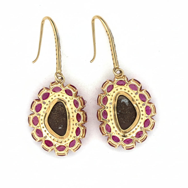 Italian Designer Marchisio Black Opal Doublet, Ruby and Diamond 14K White/Yellow Gold Dangle Earrings