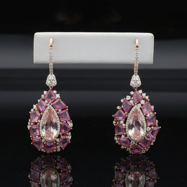 Italian Designer Marchisio Diamond, Morganite and Pink Sapphire 18K White/Yellow Gold Dangle Earrings