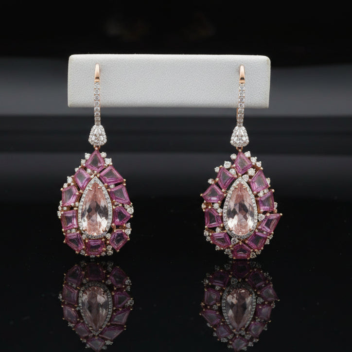 Italian Designer Marchisio Diamond, Morganite and Pink Sapphire 18K White/Yellow Gold Dangle Earrings