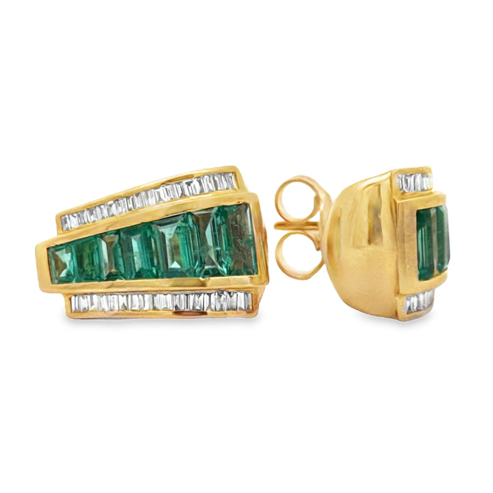 Italian Designer Marchisio French Cut Emerald and Diamond 14K Yellow Gold Earring