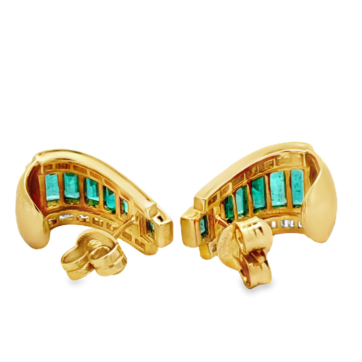 Italian Designer Marchisio French Cut Emerald and Diamond 14K Yellow Gold Earring
