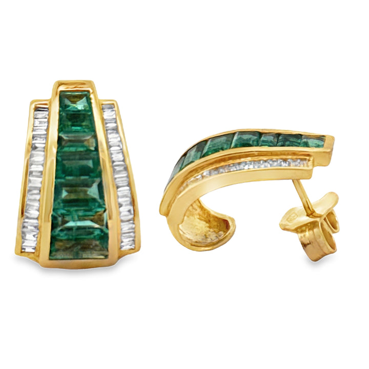 Italian Designer Marchisio French Cut Emerald and Diamond 14K Yellow Gold Earring