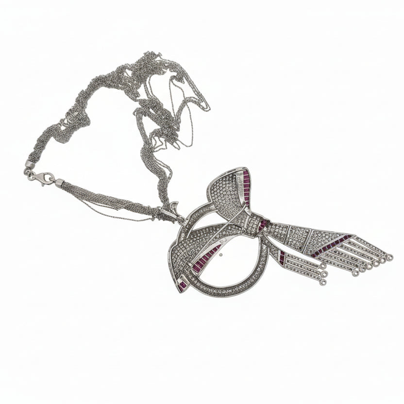 1970's Bow Motif Necklace/Brooch Diamond and Ruby 18K White Gold