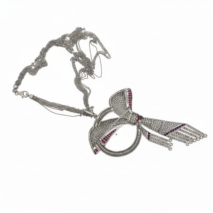 1970's Bow Motif Necklace/Brooch Diamond and Ruby 18K White Gold