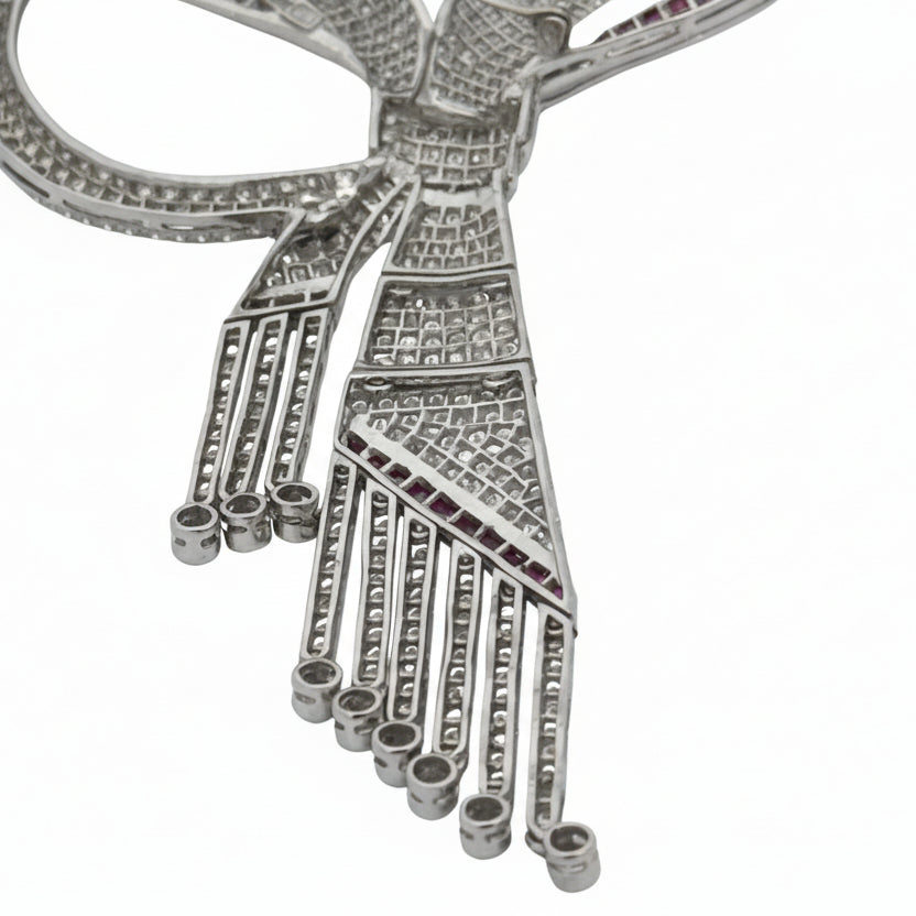 1970's Bow Motif Necklace/Brooch Diamond and Ruby 18K White Gold