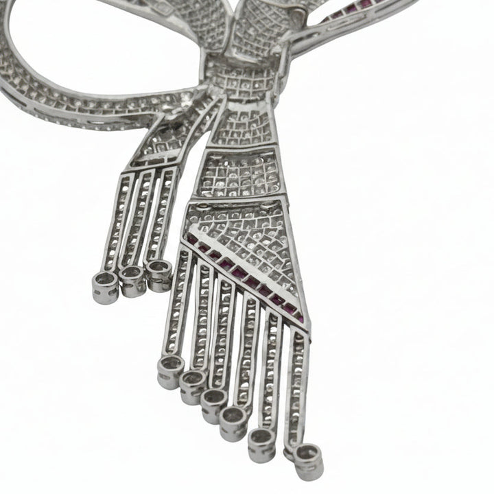 1970's Bow Motif Necklace/Brooch Diamond and Ruby 18K White Gold
