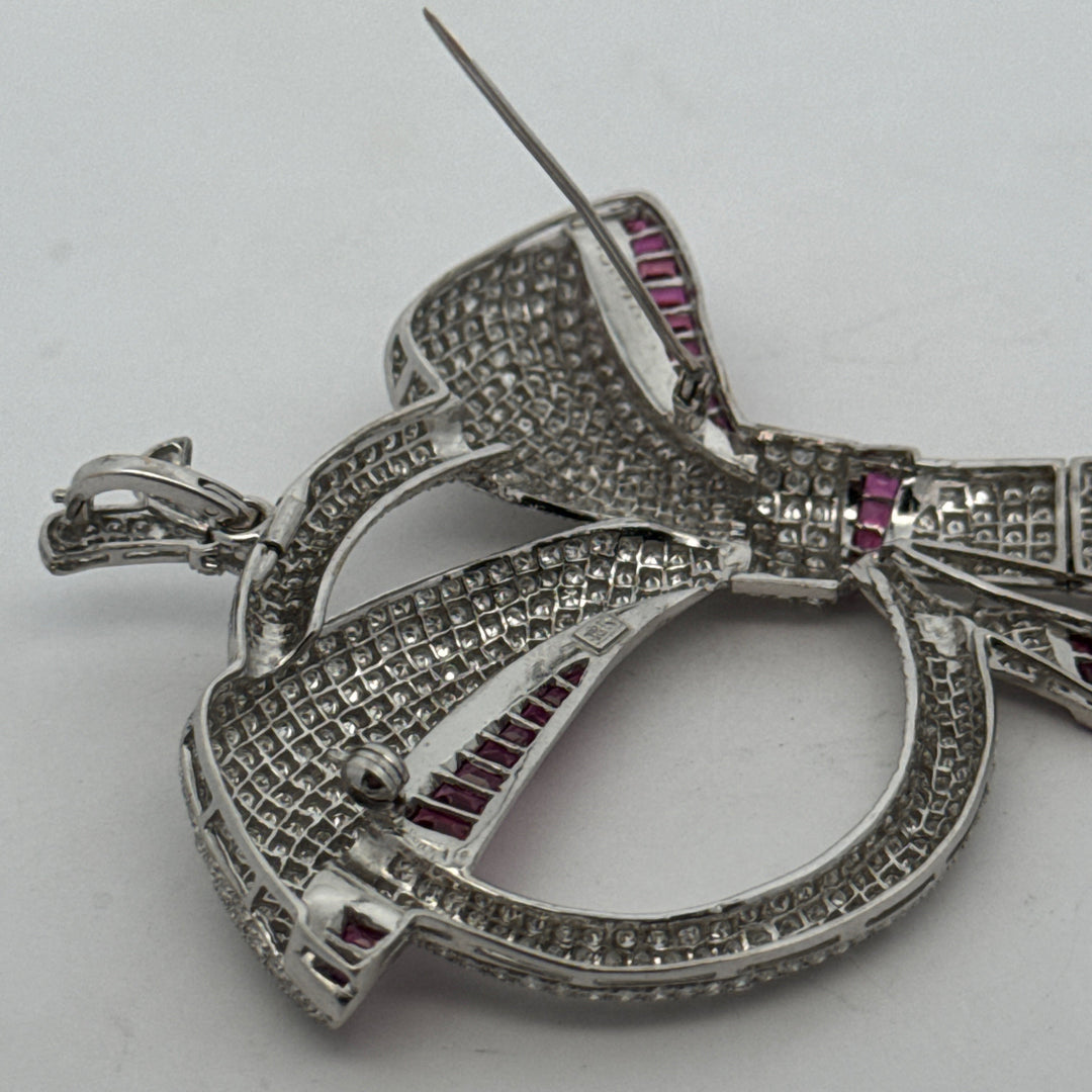 1970's Bow Motif Necklace/Brooch Diamond and Ruby 18K White Gold