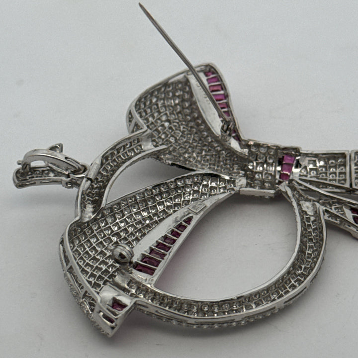1970's Bow Motif Necklace/Brooch Diamond and Ruby 18K White Gold