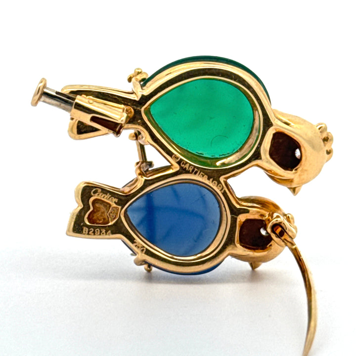 Cartier Paris 1989 Revival Love Birds Diamond and Chalcedony 18K Yellow Gold Pendant/Brooch