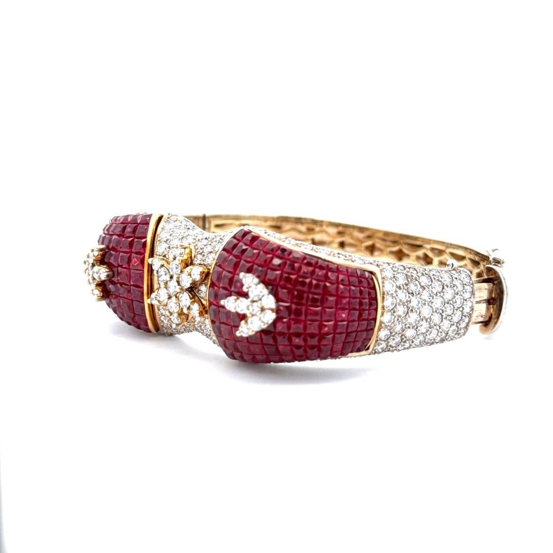 Italian French Cut Ruby and Pave Diamond 18Kt White & Yellow Gold Bangle