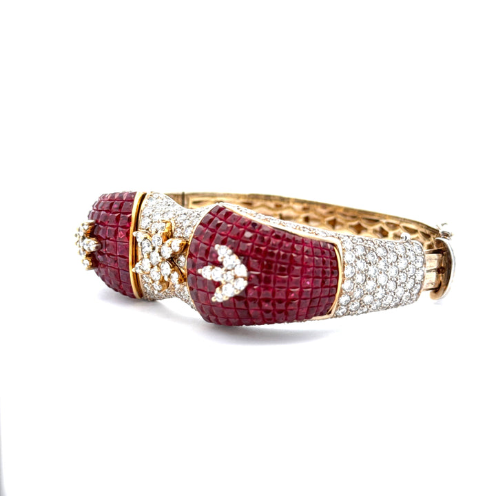 Italian French Cut Ruby and Pave Diamond 18Kt White & Yellow Gold Bangle