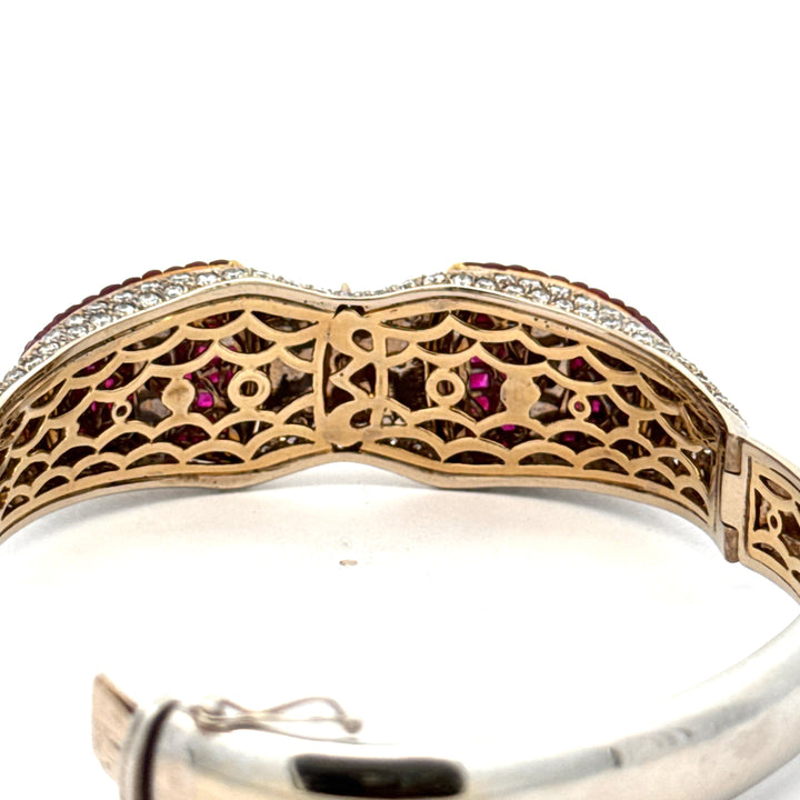 Italian French Cut Ruby and Pave Diamond 18Kt White & Yellow Gold Bangle