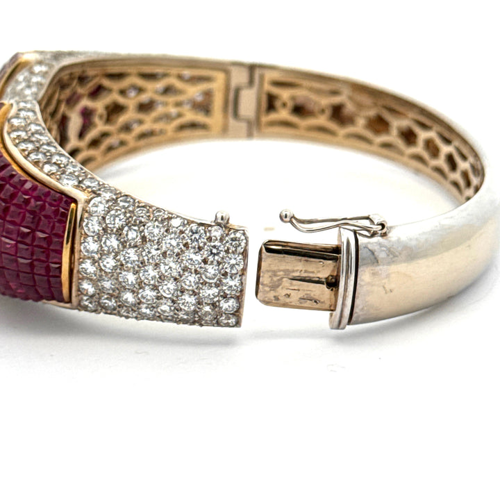 Italian French Cut Ruby and Pave Diamond 18Kt White & Yellow Gold Bangle