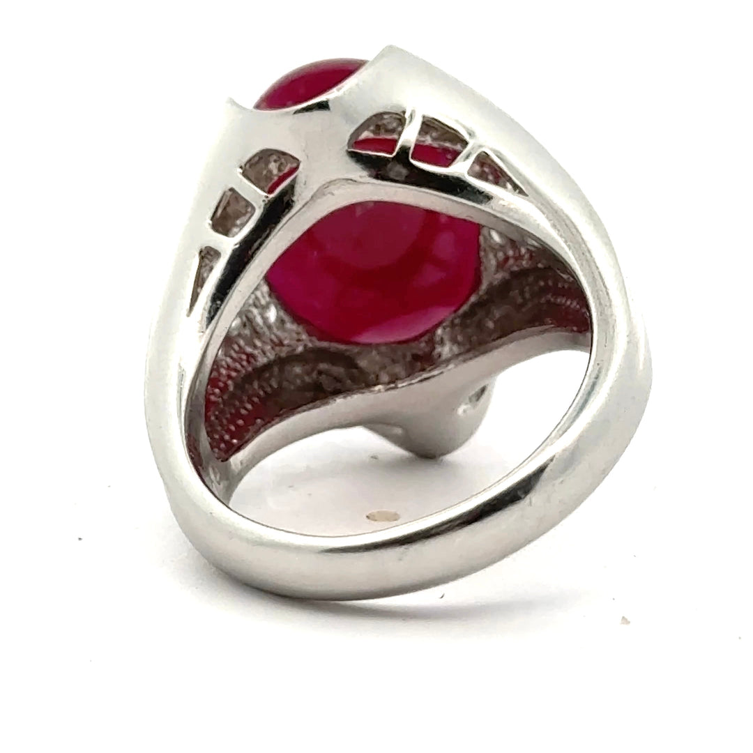 No Heat 16.05ct Cabochon Cut Ruby and Diamond Platinum Ring (GIA/AGL Reports)