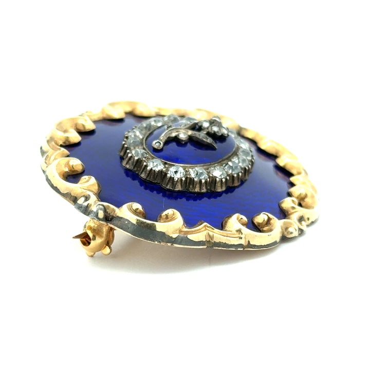 Antique Victorian Cobalt Guilloché Enamel & Diamond Statement Brooch