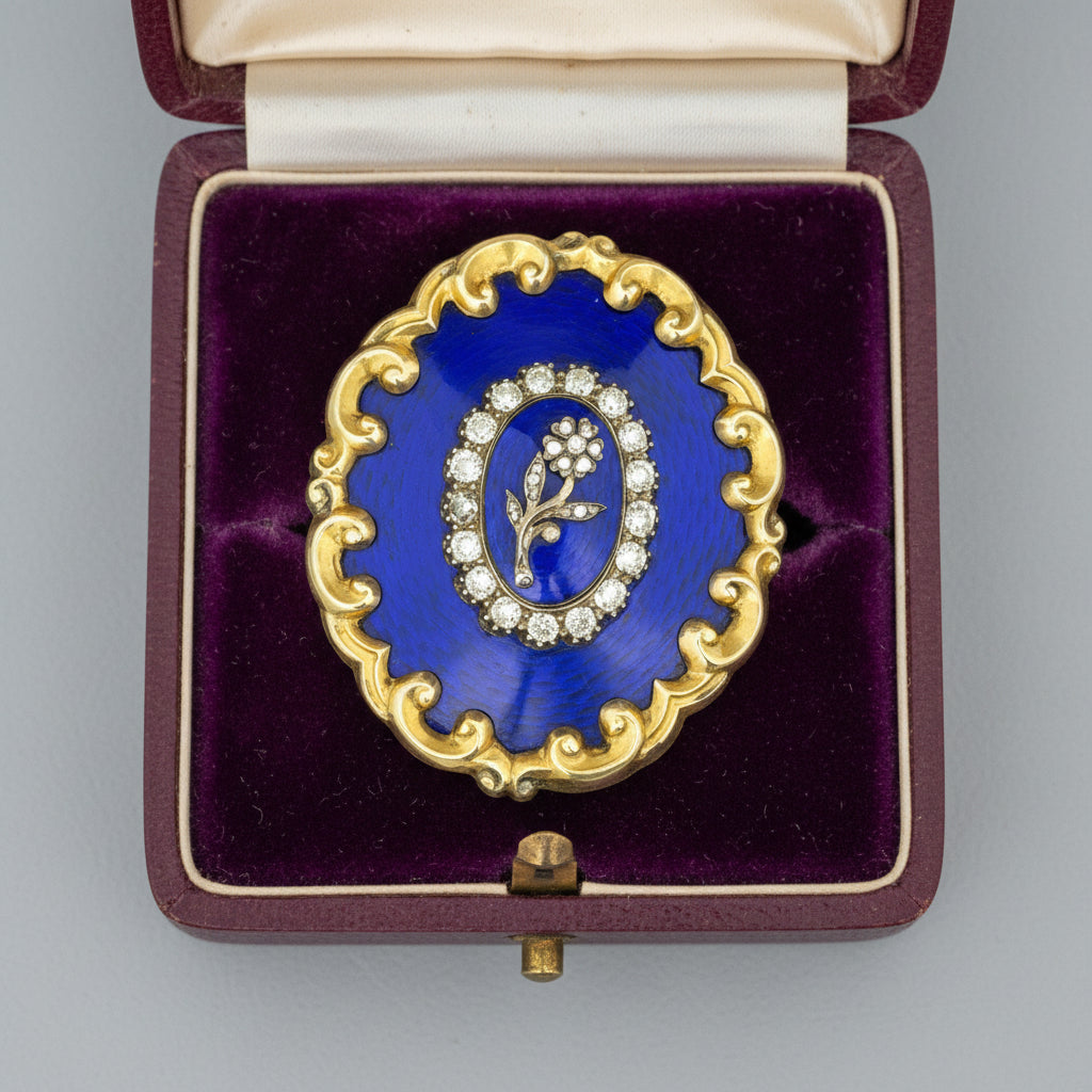 Antique Victorian Cobalt Guilloché Enamel & Diamond Statement Brooch