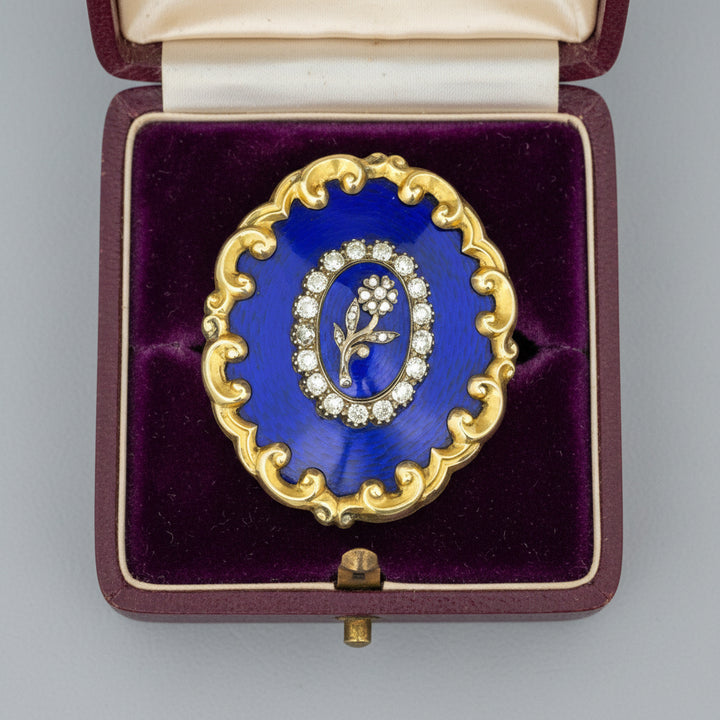 Antique Victorian Cobalt Guilloché Enamel & Diamond Statement Brooch
