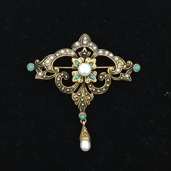 Victorian 14K Gold Turquoise & Natural Seed Pearl Convertible Brooch Pendant with Pearl Drop, Russian Mark