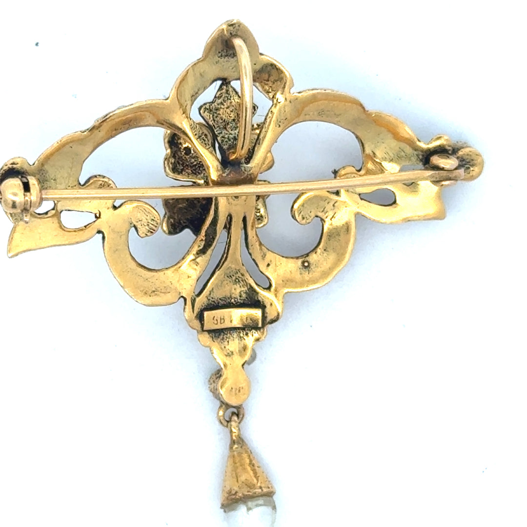 Victorian 14K Gold Turquoise & Natural Seed Pearl Convertible Brooch Pendant with Pearl Drop, Russian Mark