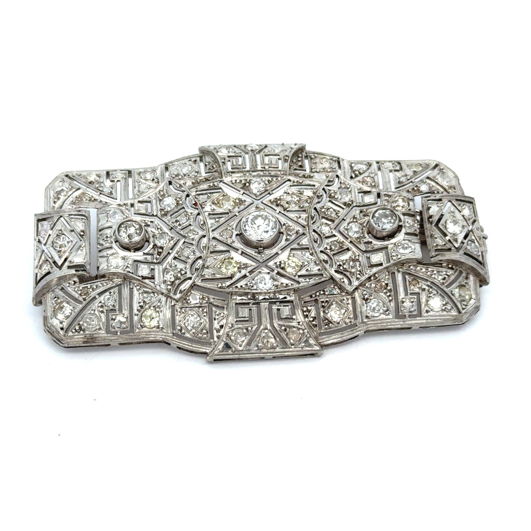 Art Deco Platinum Diamond Brooch Pendant | 2.75 CTW Old Cut Diamonds | Greek Key Design | Circa 1925
