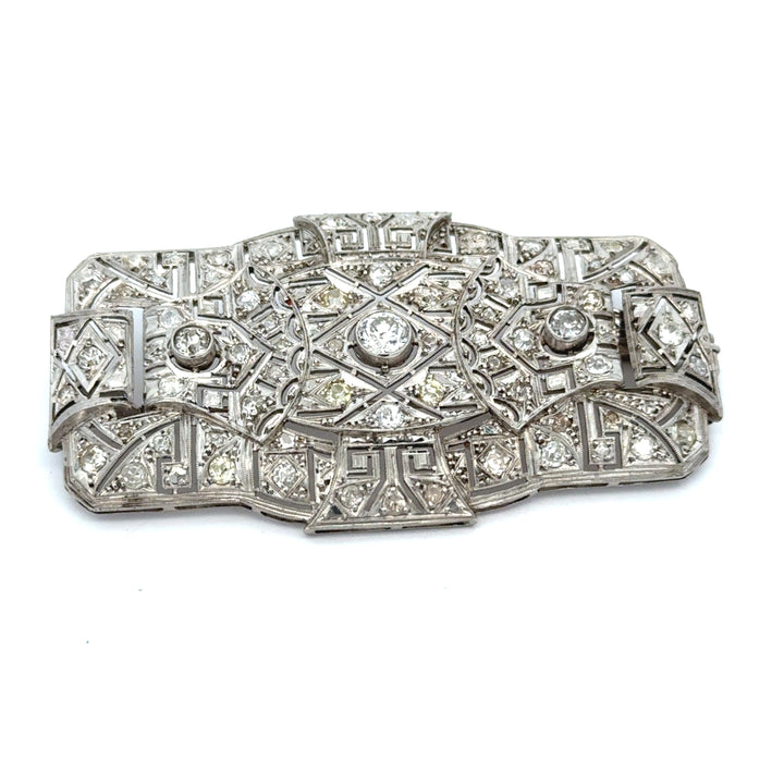 Art Deco Platinum Diamond Brooch Pendant | 2.75 CTW Old Cut Diamonds | Greek Key Design | Circa 1925