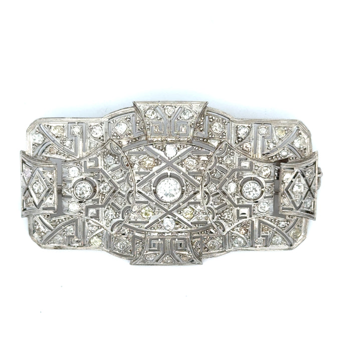 Art Deco Platinum Diamond Brooch Pendant | 2.75 CTW Old Cut Diamonds | Greek Key Design | Circa 1925