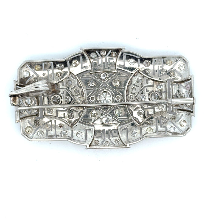 Art Deco Platinum Diamond Brooch Pendant | 2.75 CTW Old Cut Diamonds | Greek Key Design | Circa 1925
