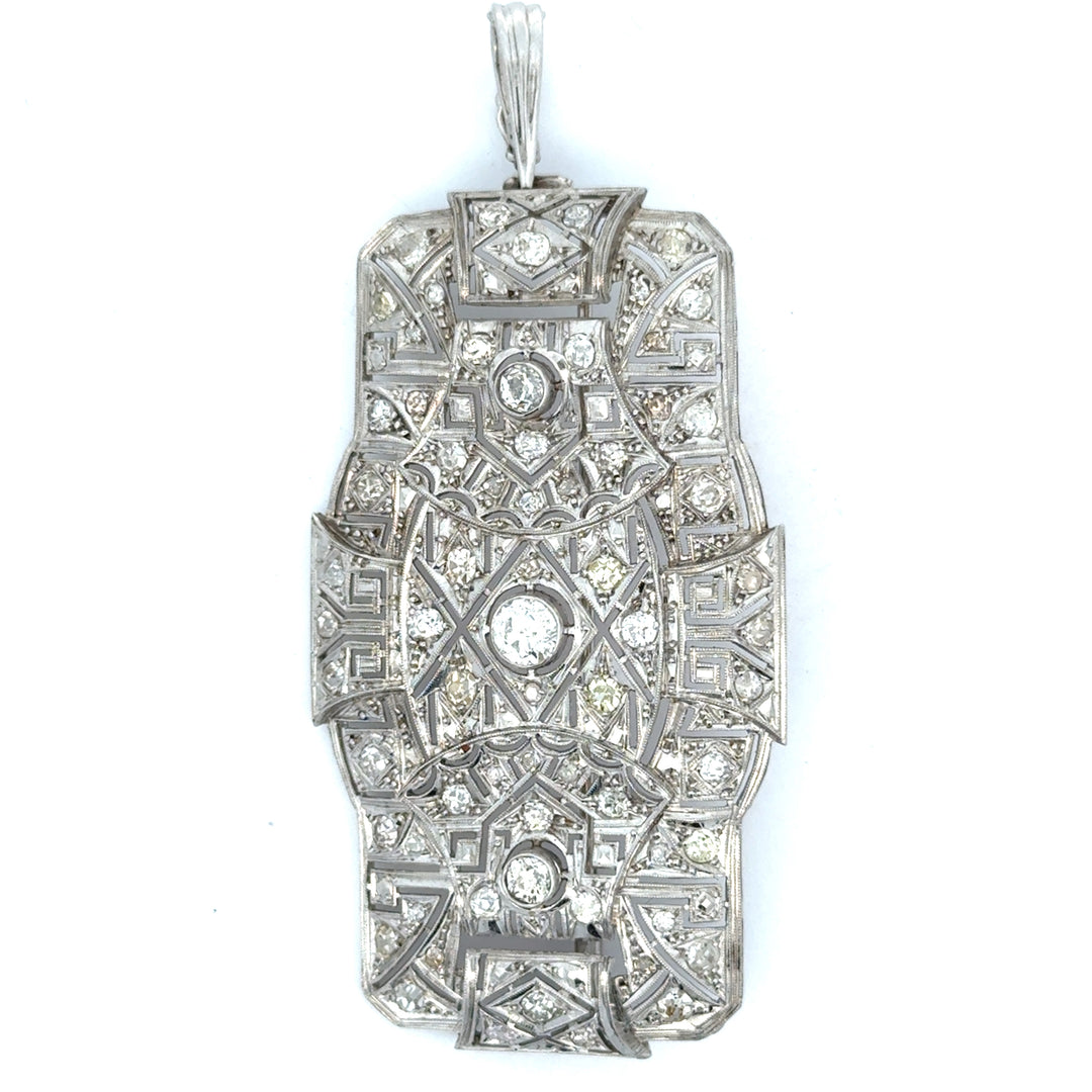 Art Deco Platinum Diamond Brooch Pendant | 2.75 CTW Old Cut Diamonds | Greek Key Design | Circa 1925