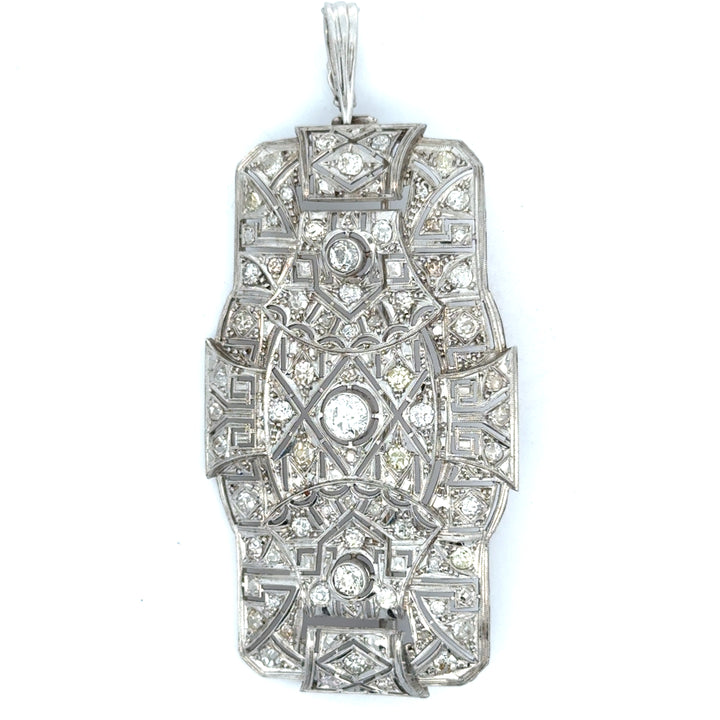 Art Deco Platinum Diamond Brooch Pendant | 2.75 CTW Old Cut Diamonds | Greek Key Design | Circa 1925