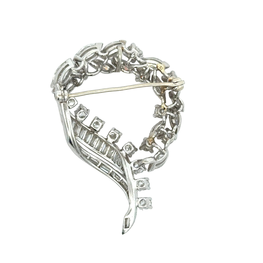 Mid-Century Platinum Diamond Brooch | 5.00 CTW Marquise, Round & Baguette Diamond Ribbon Wreath Pin