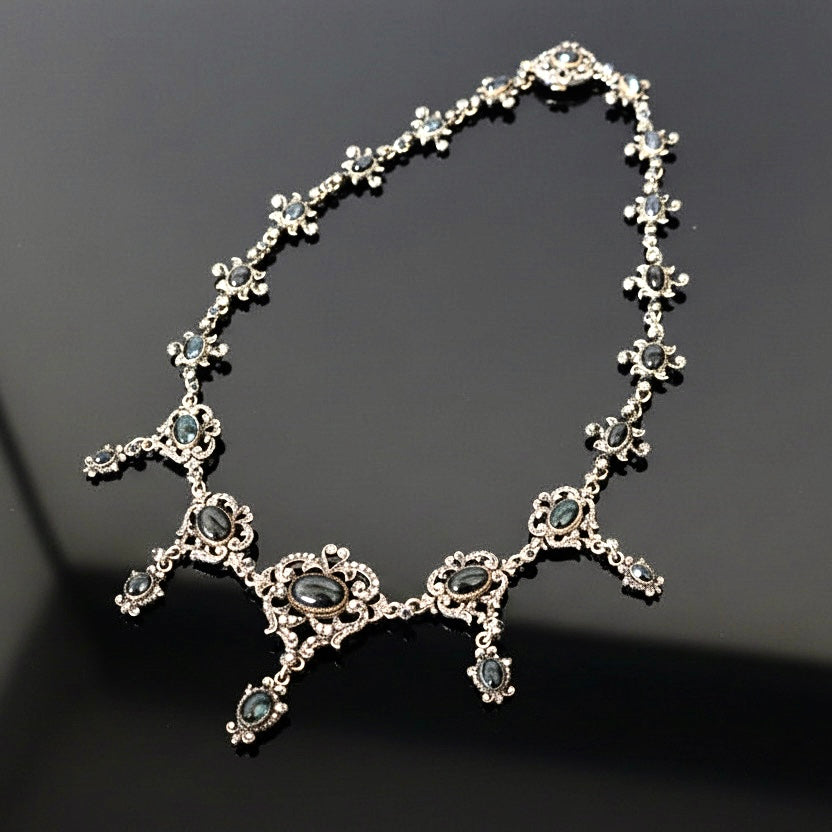 Victorian Harvey & Core Sapphire & Rose Cut Diamond Silver/14K Gold Necklace with Original Fitted Box