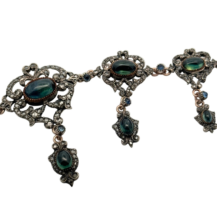 Victorian Harvey & Core Sapphire & Rose Cut Diamond Silver/14K Gold Necklace with Original Fitted Box