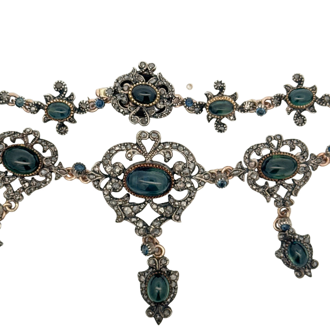 Victorian Harvey & Core Sapphire & Rose Cut Diamond Silver/14K Gold Necklace with Original Fitted Box