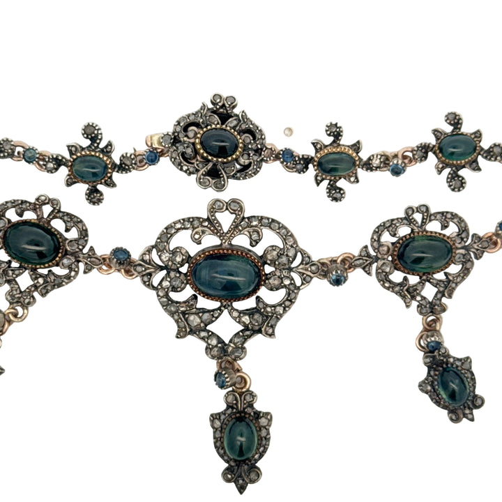 Victorian Harvey & Core Sapphire & Rose Cut Diamond Silver/14K Gold Necklace with Original Fitted Box