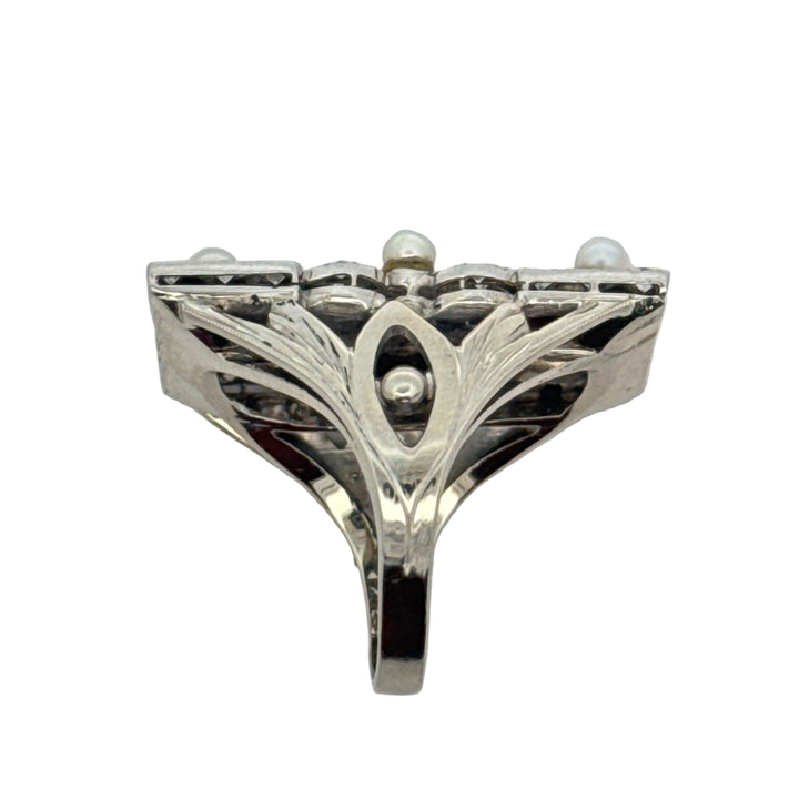 Vintage Diamond and Pearl Platinum and 14Kt White Gold Filigree Ring