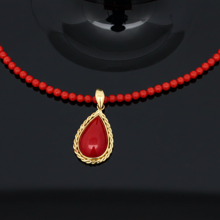 Estate Coral Pendant and Necklace 18kt Yellow Gold